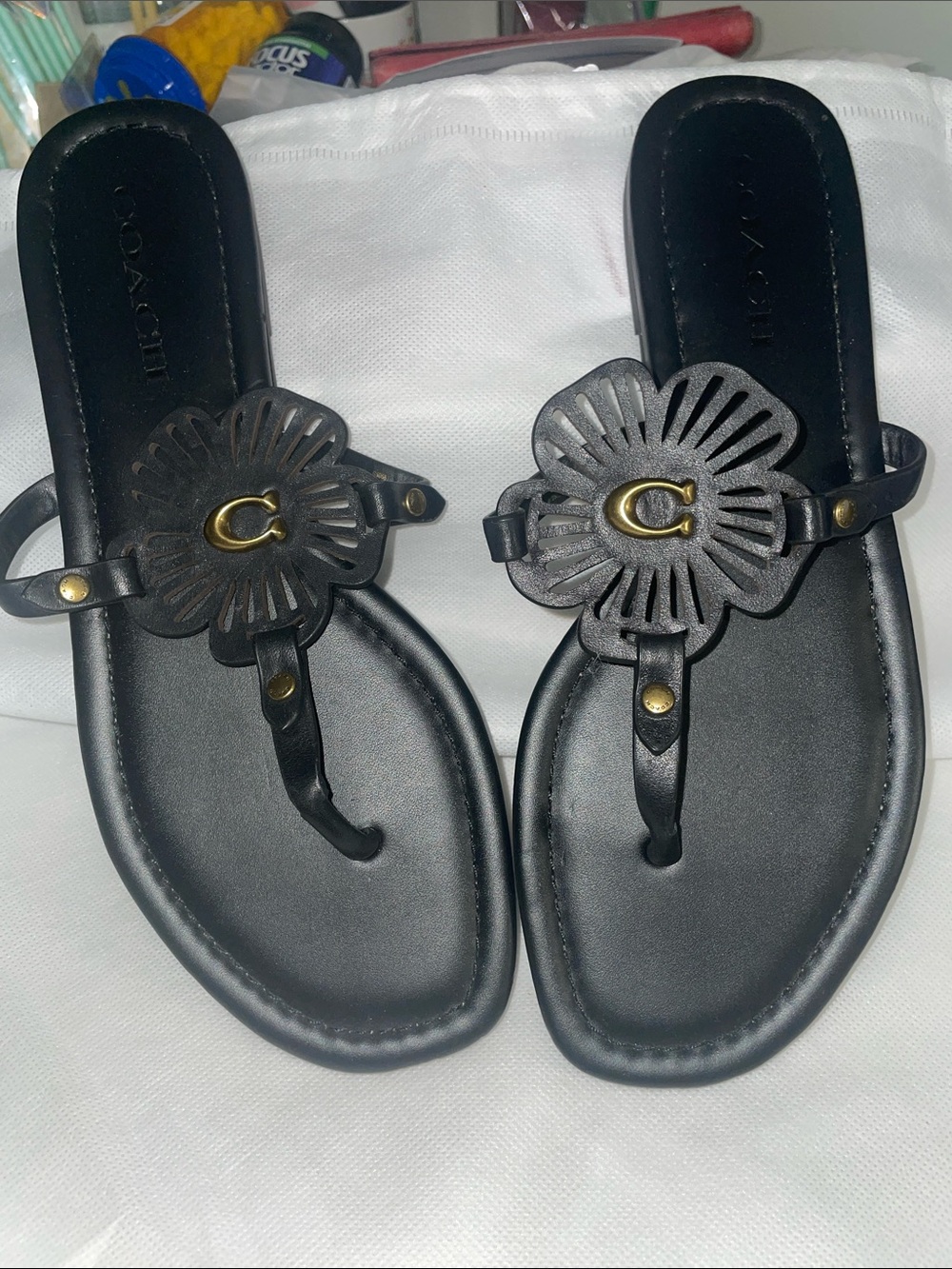 Coach Julia Leather Floral Thong Sandals with Gold C Accents - Picture 2 of 5